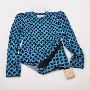 NWT Vtg 80s 100% Silk Jacquard Puff Sleeve Check Top w Scarf Blue Black Sz 10